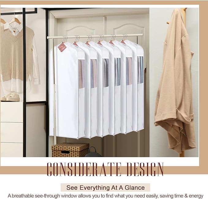 2 Set 60in Long Cotton Garment Bags, 6in Wide Gusset Hanging Storage Clothes with 8 Cedar Blocks, Transparent Mesh Window, Breathable Closet Bags for Fur Coat Suit Sweater Dress, White