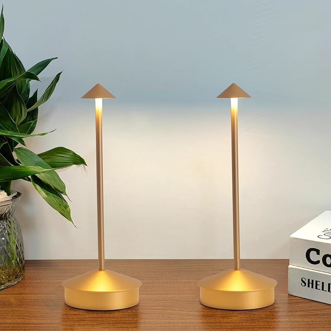 Modern Cordless Table Lamp Set of 2, Portable LED Desk Lamps, 6000mAh Rechargeable Battery Operated Lighting for Bedroom Dining Room Restaurant Coffee Shop Camping Night Light (Gold)