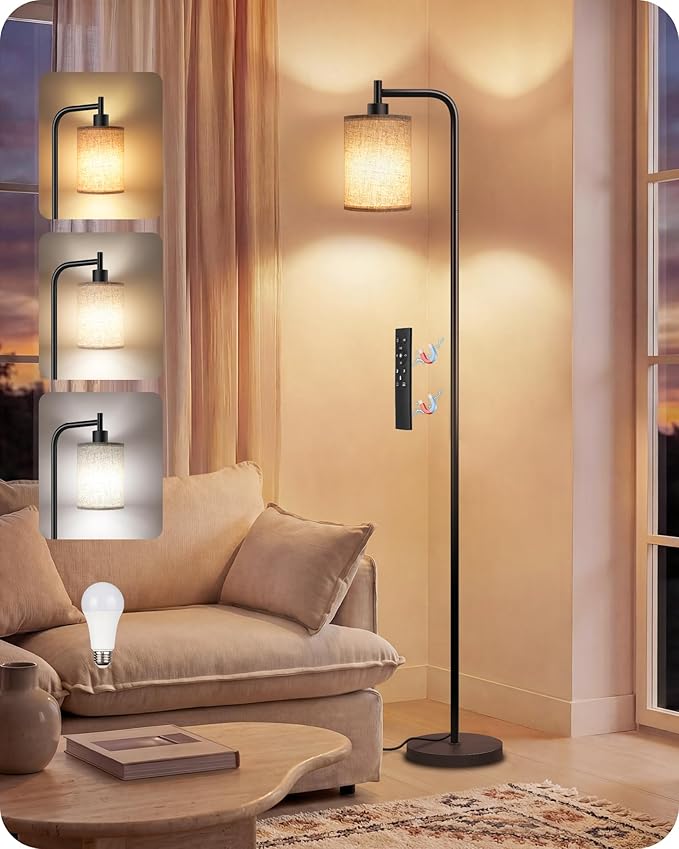 Dimmable Floor Lamp for Living Room with Remote and Foot Switch, Modern Standing, Corner Lamp,10W Bulb 3 Color Temperatures, for Bedroom, Office, Corner, ETL Listed, Black and Beige E19LD05