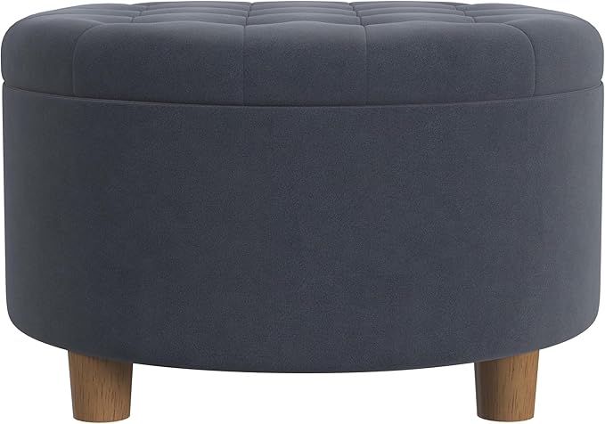 Homepop Home Decor | Button Tufted Velvet Round Storage Ottoman | Ottoman with Storage for Living Room & Bedroom, Steel Blue Velvet