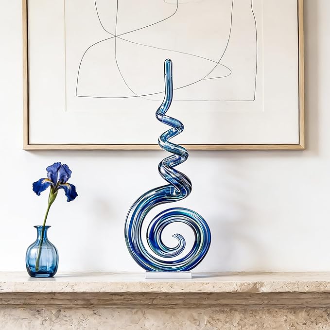 15" Tall Hand-Blown Murano-Style Glass Sculpture Statues Art Ornament Statue Figurines Home Decor Accent Piece Coastal Ocean Nautical Home Decor,Shelf,TV Stand,Tabletop Centerpieces,Wonderful Gift