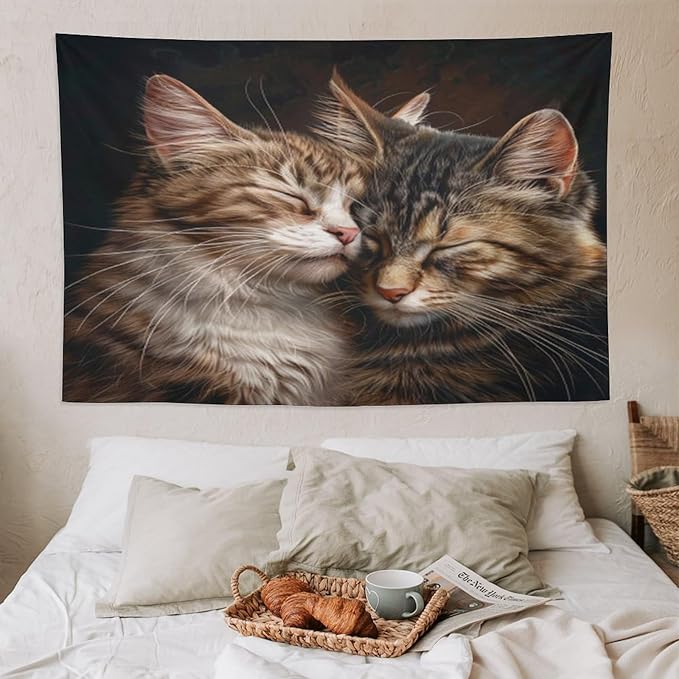 VUMIVI Cat Tapestry Adorable Animals Two Kittens Snuggling Together Vintage Print Realistic Design Tapestry Wall Hanging for Living Room Bedroom Dorm Classroom Aesthetic Decor W90xL60in
