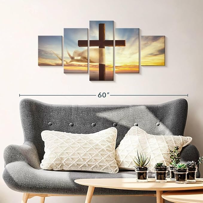 Elephant Stock Holy Cross Wall Art Multi Piece Canvas - 5 Panel Christian Pictures Decor - Digital Design Canvas Print - Christian Wall Decor - 42" X 19"
