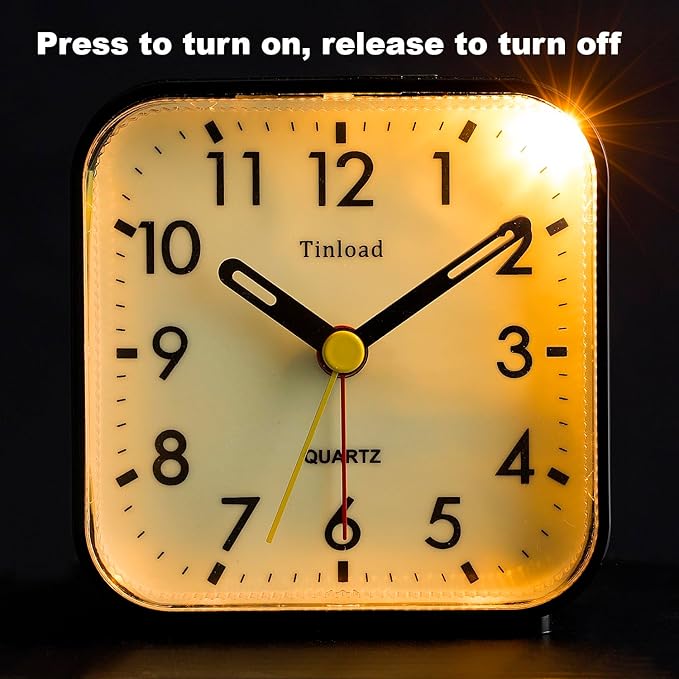 Small Battery Operated Analog Travel Alarm Clock Silent Non Ticking,Gentle Wake, Ascending Beep Sounds, Snooze,Lighted on Demand, Glow in Dark dial,Easy Set