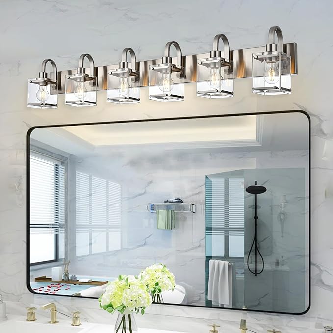 6-Light Bathroom Light, Brushed Nickel Vanity Light Fixture Over, Mirror,Modern Wall Lamp with Clear Glass Shade Wall Sconce Lighting for Living Room, Bedroom, Hallway