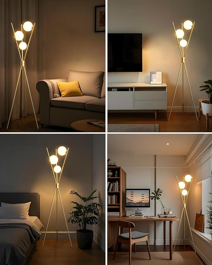 Lightdot Tripod Floor Lamp Stepless Dimmable Globe Modern Floor Lamp Gold Standing Lamps with 3PCS 3000K Bulbs Included Mid Century Modern Floor Lamps for Living Room/Bedroom/Sofa Beside/Corner Decor