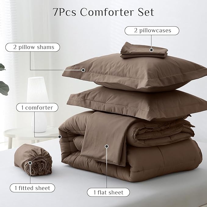 JOLLYVOGUE California King Comforter Set, Ultra-Soft Bed in a Bag Cal King Size 7 Pieces, Oeko-TEX Certified Bedding Set with Down Alternative Comforter, Sheets, Pillowcases & Shams, Brown