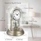 9" Genevieve Mantel Clock with Revolving Pendulum, 50th Anniversary Clock Glass Dome, Wedding Gifts, Desk & Shelf Clock for Living Room Fireplace Decor (Morning Sliver)