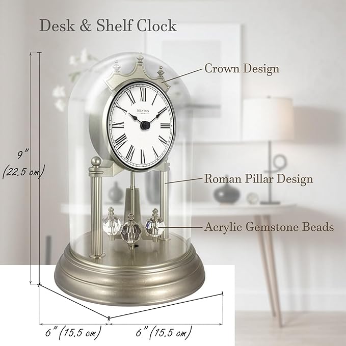 9" Genevieve Mantel Clock with Revolving Pendulum, 50th Anniversary Clock Glass Dome, Wedding Gifts, Desk & Shelf Clock for Living Room Fireplace Decor (Morning Sliver)