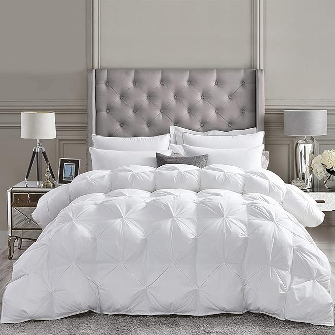 Luxurious Goose Down Feather Fiber Comforter Duvet Insert, Exquisite Pinch Pleat Design, Oversize California King/Cal King White 108 x 98, 100% Egyptian Cotton, 75 oz. Fill Weight, White