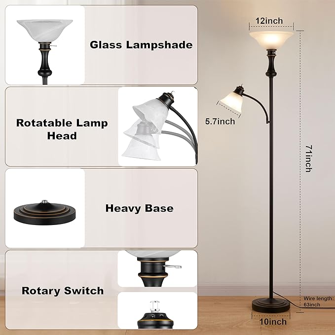 71'' Torchiere Floor Lamps for Living Room, Tall Floor Lamp for Bedroom with Adjustable Angle Arc Reading lamp, Modern Standing lamp with Glass Shade, Knob Switch, Bulb Included, Black