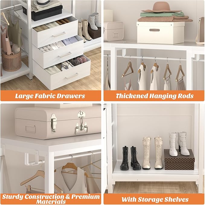 Aheaplus Garment Rack Heavy Duty Clothes Rack for Hanging Clothes,Clothing Rack with Drawers, Wood Stoarge Shelf Freestanding Closet Wardrobe Rack, Corner L Shaped Closet System Organizers, W3,White