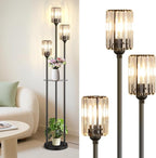 Crystal Floor Lamp for Living Room with Shelves, Industrial Modern Standing Black Lamp with Table for Bedroom, Glass Vintage Unique Tall 3-Lights Fancy Lamp with ON/Off Foot Switch