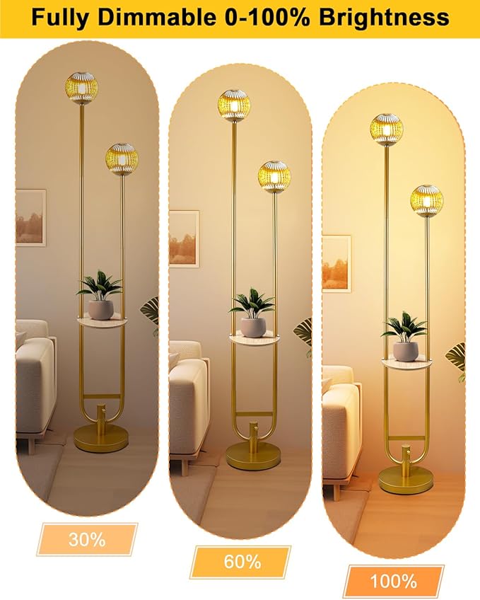 Glass Floor Lamp with Tray, Gold Dimmable Globe Floor Lamp for Wedding/Party, 2Pcs 3000K Soft Warm White Bulbs Included, Mid Century Modern Standing Lamps for Living Room Bedroom