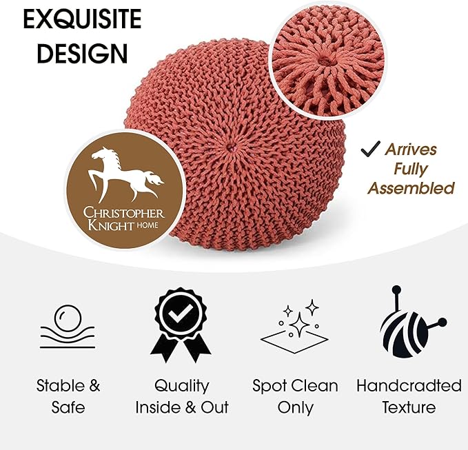 Nahunta Knitted Round Pouf - Cotton - Coral