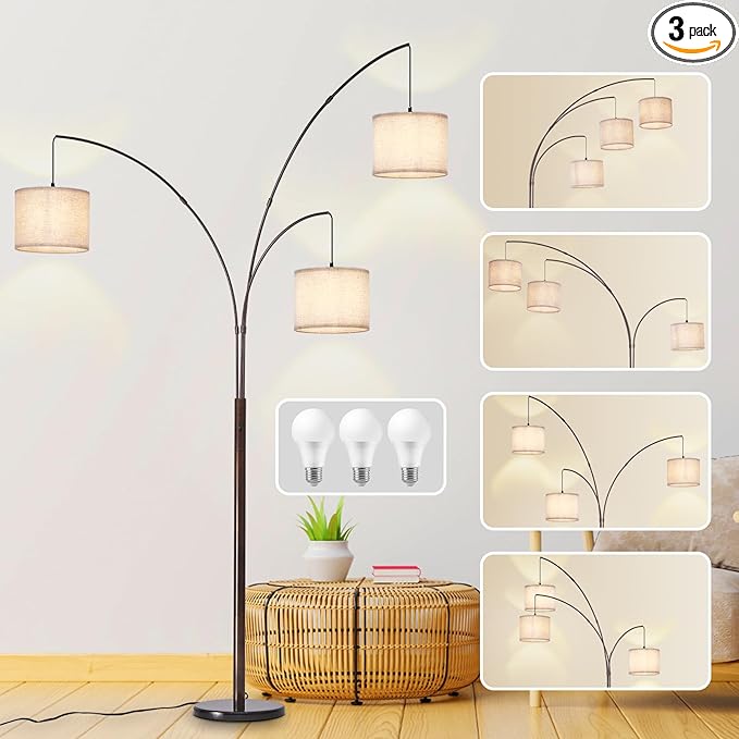 DLLT Modern Floor Lamp for Room: 3-Light Brown Tree Dimmable Floor Lamps with Beige Shades for Living Room - Arc Standing Lamp for Bedroom - Tall Floor Lamp for Office Corner 3 LED Bulbs Included