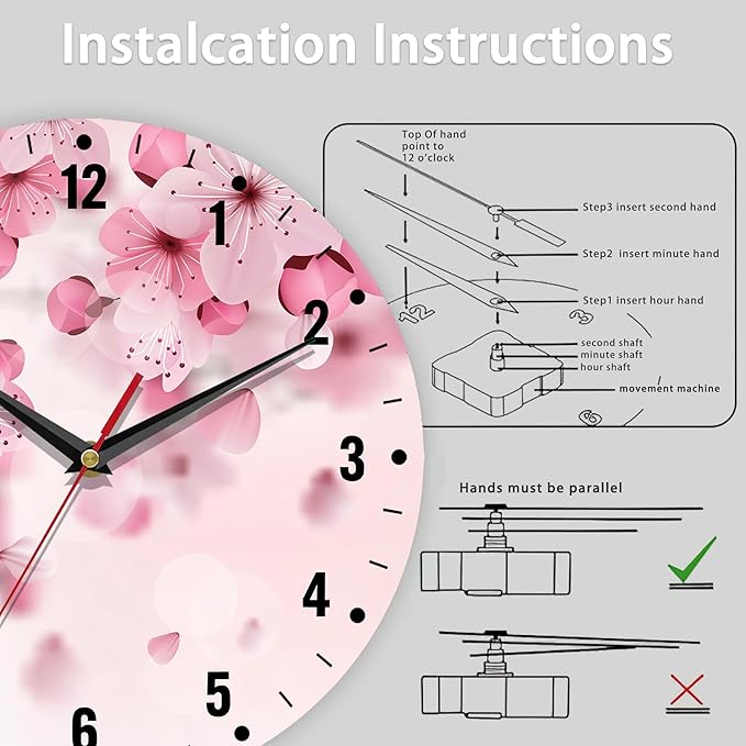 SPUNKER Wall Clocks,Cherry Blossom Wall Clocks for Living Room Decor,Pink Sakura Flower Kitchen Clocks Wall Battery Operated - 10 Inch Round Bathroom Wall Clock Silent Non-Ticking