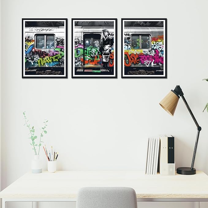 Novatique Street Graffiti Wall Art Banksy Canvas Wall Art Modern Pop Art Wall Decor Street Art Poster Framed Ready to Hang for Bedroom Office,12" x 16" x 3Pcs