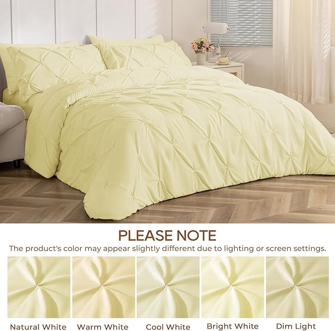 Sasttie King Size Comforter Set, 7-Piece Bed in a Bag, Pintuck Bedding Set for All Season, Includes Comforter, Flat Sheet, Fitted Sheet, Pillowcases and Pillowshams, Cream Yellow