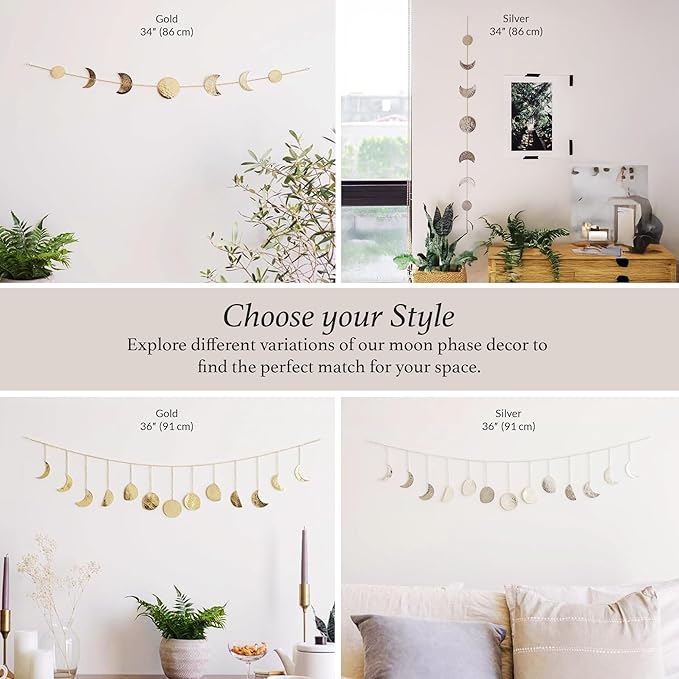BASE ROOTS Moon Phase Wall Decor, Gold Wall Art for Bedroom, Bohemian and Astrology, Witchy Aesthetic 36" 13 Phases Metal Moon Wall Garland, Celestial Decoration, Gift for Women & Kids