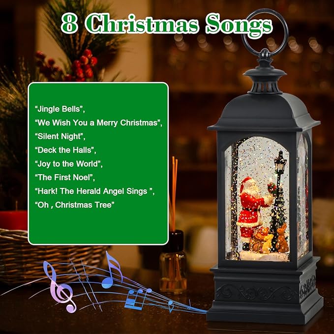 Eldnacele Santa Music Snow Globe Lantern with 6 Hour Timer, Battery Operated & USB Powered Singing Lighted Lamp Swirling Water Glittering Christmas Decoration Holiday Decor Lantern