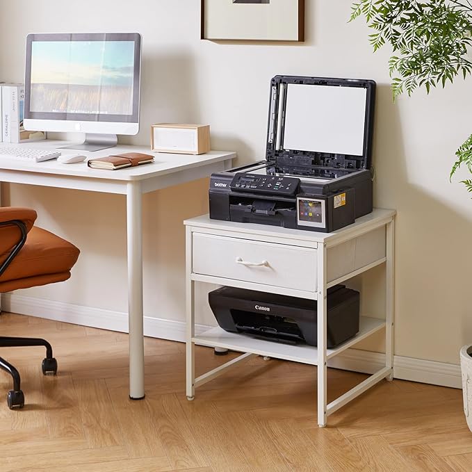 Living Room Large Side Table, End Table with Drawers, Refrigerator Stand Printer Table with Adjustable Shelves, Office Square Coffee Table White YD-TM156W