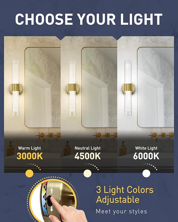 kudos Gold Bathroom Sconces Wall Lighting, Bathroom Vanity Light, Modern Wall Lights with Clear Glass and Frosted Glass,3000K/4500K/6000K Adjustable, KDVL06-GD-2