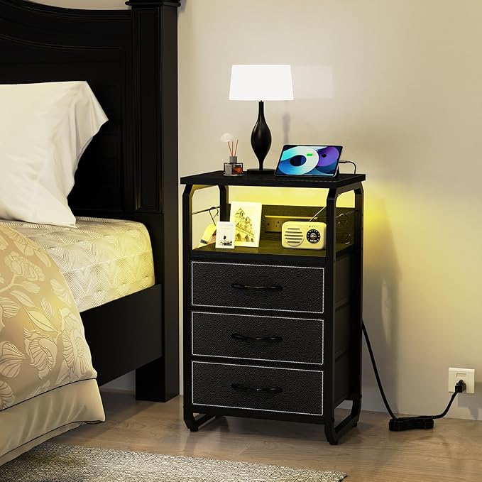 Bed Side Table with 3 Fabric Drawers, Black Night Stand, LED Nightstand with Hooks, Bedside Table with Charging Station, End Table with Storage, Night Table for Living Room, Bedroom, Dorm