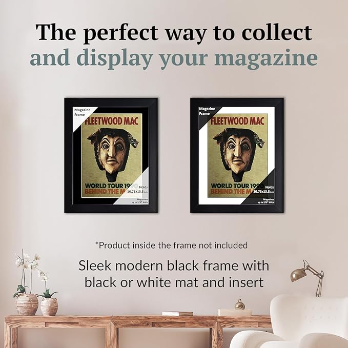 Creative Picture Frames 10.75 x 13.5 Magazine Frame with Full-Strength Glass, Holds Up To A 1/4" Thick Media with Installed Hangers for Easy Mounting, 12x15 Black Frame with Black Mat