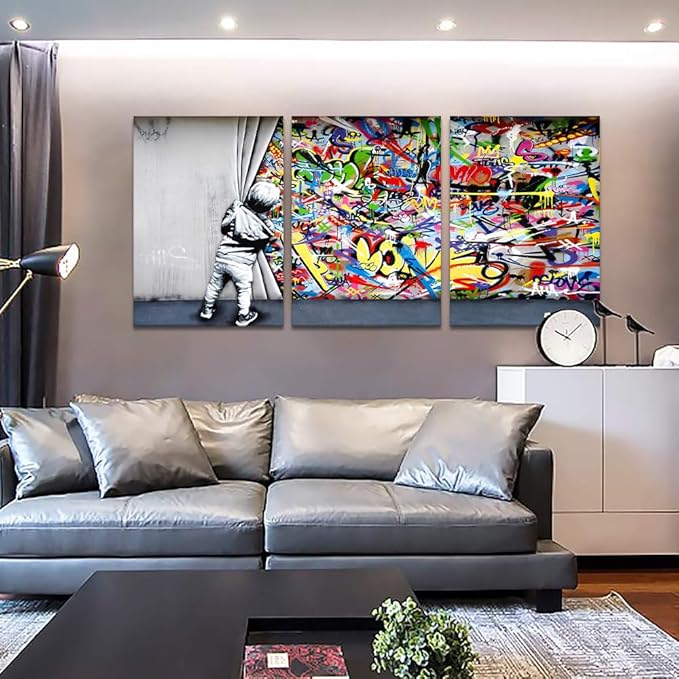 Novatique Banksy Wall Art Street Graffiti Picture Wall Decor Colorful Behind the Scenes Graffiti Poster Print Framed Ready to Hang Suitable for Living Room Office, 20" x 28" x 3Pcs