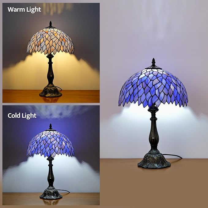 Tiffany Style Table Lamp Vintage Stained Glass Desk Lamp Deep Blue Purple Wisteria Bedside Reading Light Decor Bedroom Living Room Home Office D12 xH18