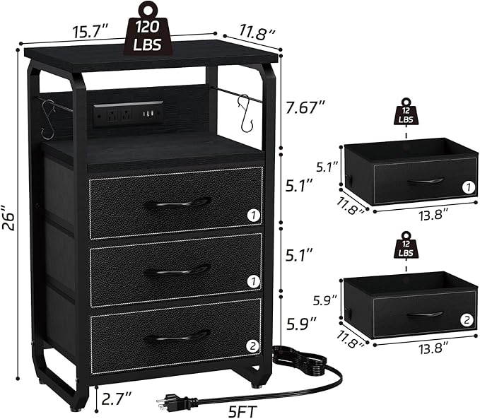 Bed Side Table with 3 Fabric Drawers, Black Night Stand, LED Nightstand with Hooks, Bedside Table with Charging Station, End Table with Storage, Night Table for Living Room, Bedroom, Dorm