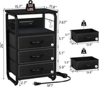 Bed Side Table with 3 Fabric Drawers, Black Night Stand, LED Nightstand with Hooks, Bedside Table with Charging Station, End Table with Storage, Night Table for Living Room, Bedroom, Dorm