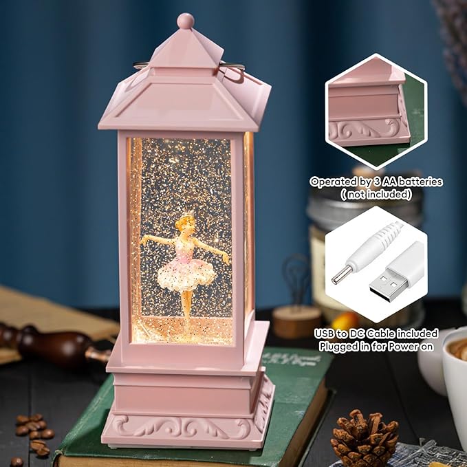Snow Globe Lantern with Ballet Girl Ballerina – Shatterproof 8 Songs Musical Box Automatic Snowfall Led Light USB & Battery Powered,for Valentine’s Day Gifts Present Birthday Home Fall Decoration,Pink
