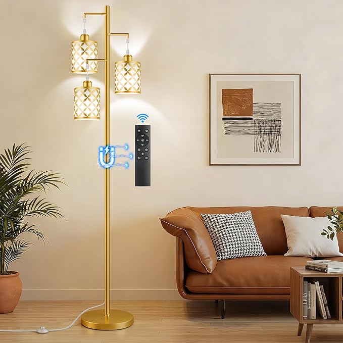 New Upgraded 72" Tall Dimmable Floor Lamp, 3 x 800LM 9W LED Bulbs Included, Farmhouse Standing Lamp with Remote Control, Industrial Tree Pole Floor Lamps for Living Room, Bedroom, Study Room - Gold