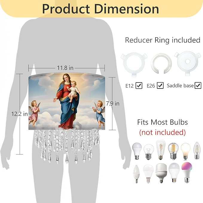 Madonna & Child Lamp Shade with Acrylic Bead Droplets, Drum Fabric Light Shade for Ceiling Pendant Table & Floor Lamps, Religious Catholic Christian Church Prayer, 11.8in