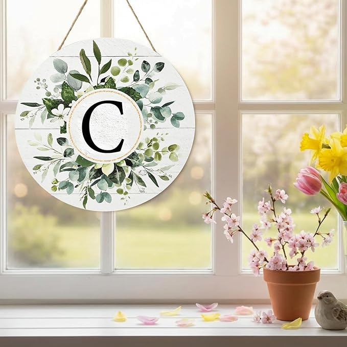 Smile B0G124Y3GWMonogram Letter C Wreaths Wooden Welcome Sign, Family Last Name Initial Front Door Wall Decoration, Floral Spring Summer Porch Rustic Home Kitchen Decor