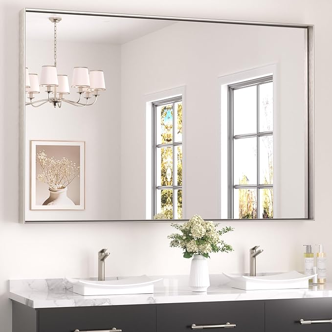 Keonjinn Brushed Nickel Bathroom Mirror 60 x 40 in Rectangle Frame Mirror for Over Sink, Rectangular Metal Framed Vanity Mirror Square Corner Aluminum Alloy Modern Silver Mirror(Horizontal/Vertical)