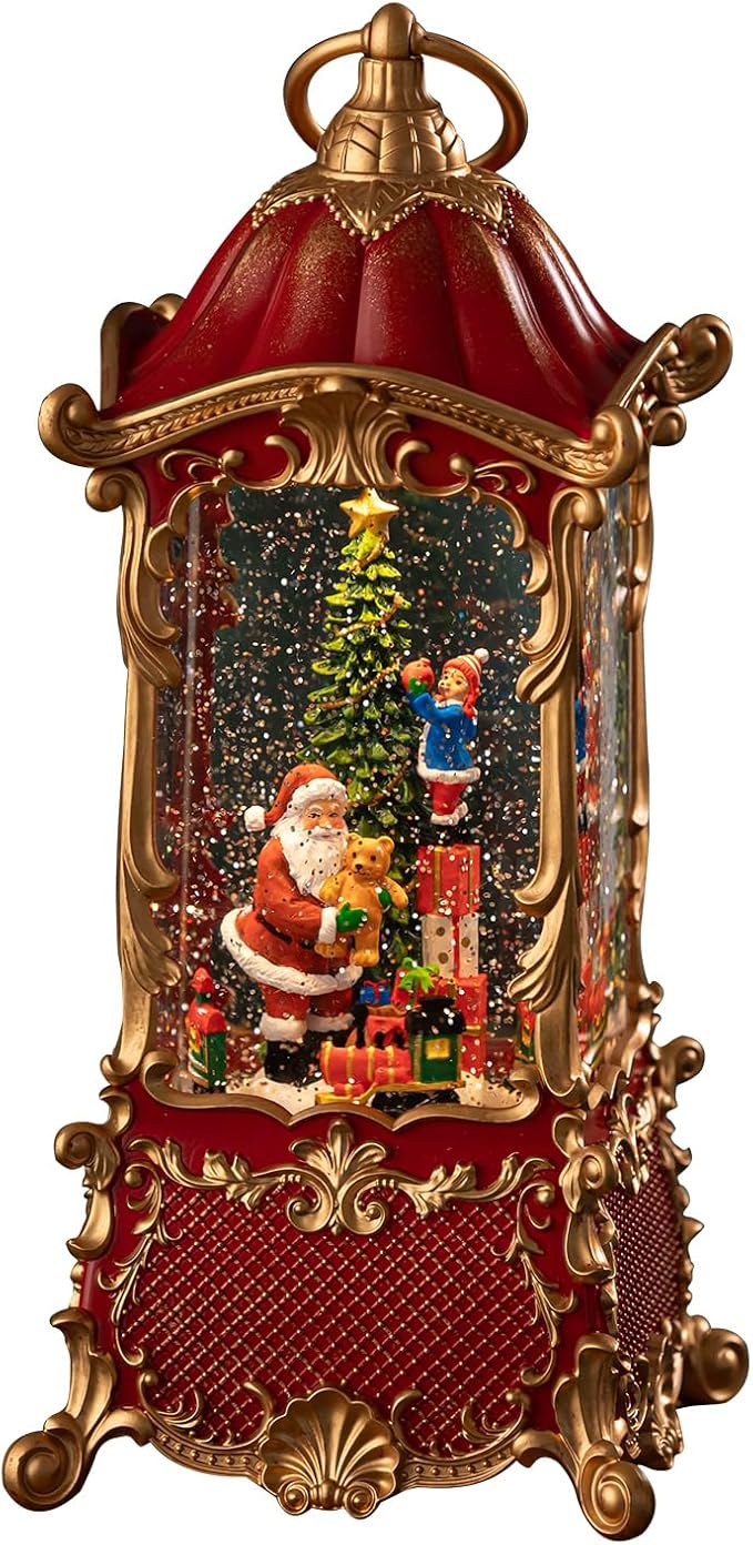 Christmas Snow Globe Lantern with Santa Claus – Vintage 8 Songs Musical Box, Automatic Snowfall, Led Light, USB or Battery Powered,for Christmas Festival Home Fall Decoration Gifts, Red