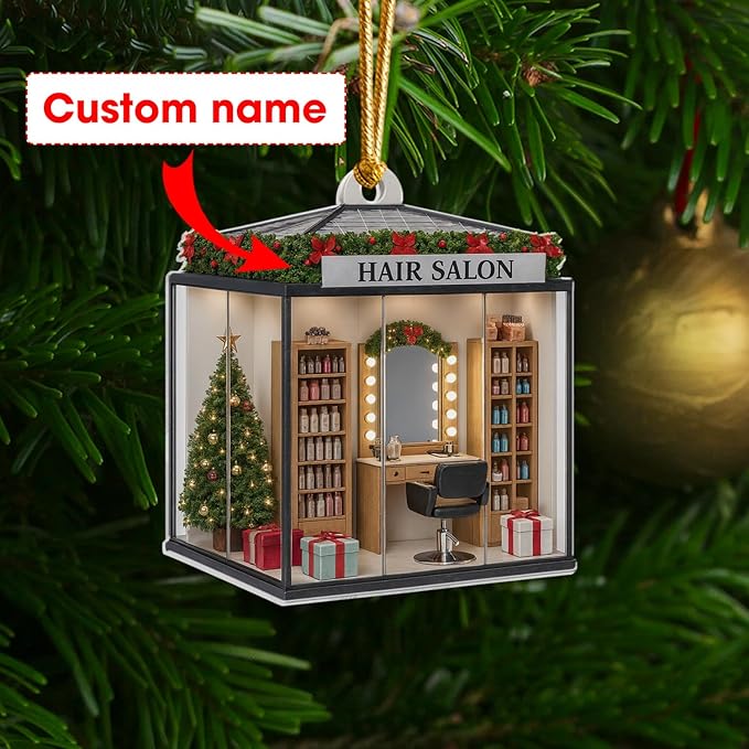 Personalized Hair Salon Christmas Ornament, Custom Acrylic Flat Ornament, Holiday Tree Decor, Gift for Hairdresser, Hairstylist & Beautician