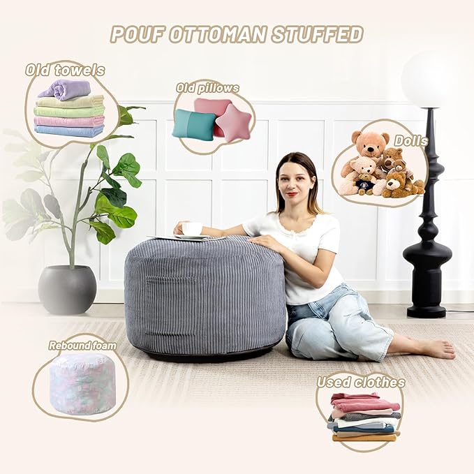 Round Stuffed Pouf Ottoman,Corduroy Foot Rest with Rebound Foam Filled, Furry and Fluffy Foot Stool Ottoman, Floor Poufs for Living Room (Gray, 20" D x 20" W x 15" H)