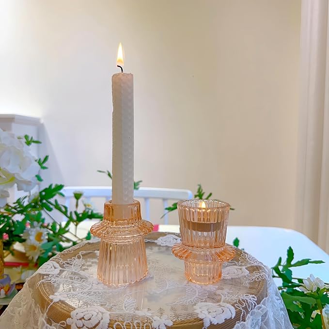 Double Sided Vintage Ribbed Taper Glass Candle Holders,Tea Candle Holder for Table Centerpieces, Wedding Decorations and Dinner Parties (Orange Pink, 6 PCS)