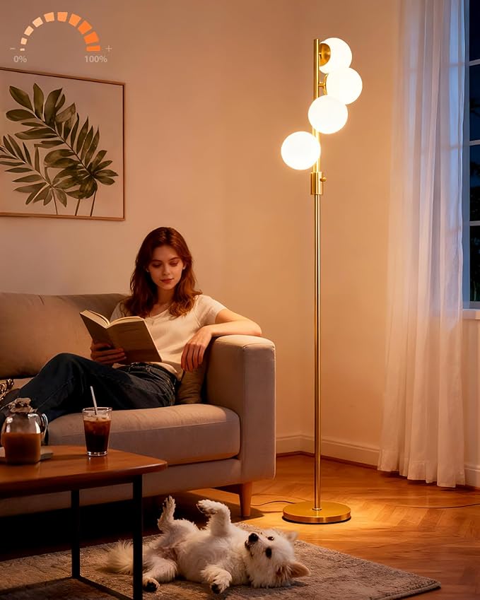 Gold Globe Floor Lamp Dimmable 64IN Tall Standing Lamps with Soft Warm White Eye Care 3000K G9 Bulbs, Mid Century Modern Floor Lamp for Living Room Bedroom