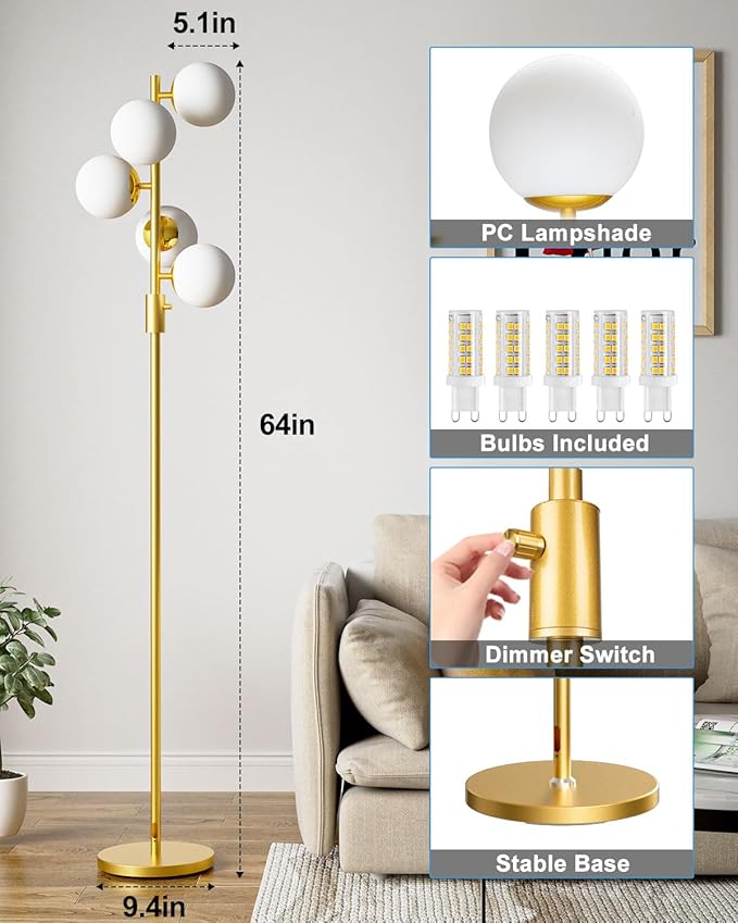 Lightdot Dimmable Globe Floor Lamp Mid Century Modern Floor Lamp with 5Pcs 3000K Bulbs Included Stepless Brightness Adjustable Gold Standing Lamps for Living Room/Bedroom/Sofa Beside/Corner Decor