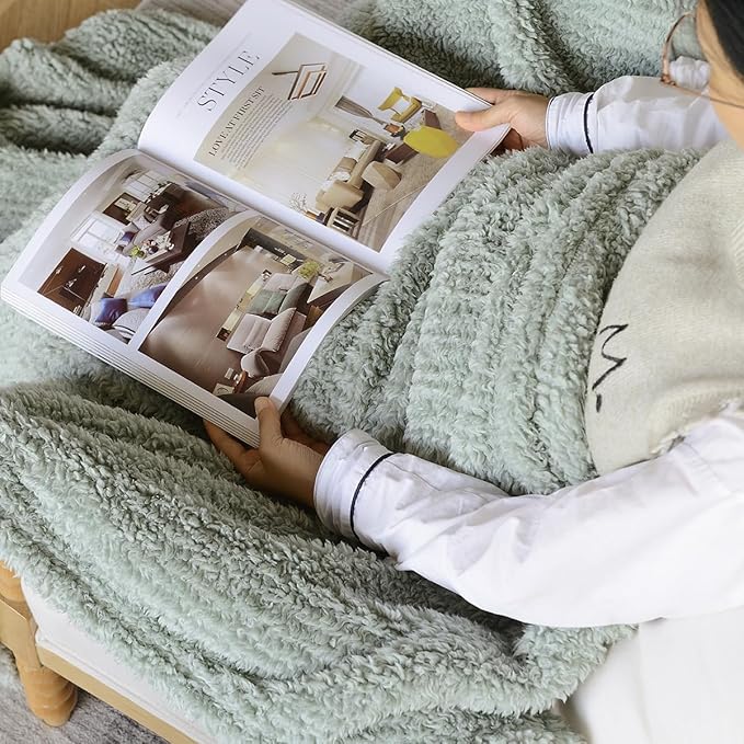 Ultra Soft Cozy Sherpa Throw Blanket, Light Weight Warm Decorative Boho Style Plush Throw Blanket Cover for Couch, Sofa, Bedroom,Travel, Outdoor, 60”x80”, Sage Green