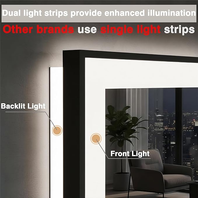 55x40 Bathroom Mirror with LED Lights - Black Framed, Front and Backlit Mirror, Anti-Fog LED Vanity Mirror, 3 Colors and Dimmable Mirror, Waterproof, Corrosion Proof (Horizontal/Vertical)