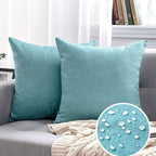 MIULEE Pack of 2 Decorative Outdoor Solid Waterproof Throw Pillow Covers Faux Linen Garden Farmhouse Coastal Cushion Cases for Summer Patio Tent Balcony Couch Sofa 16x16 Inch Turquoise