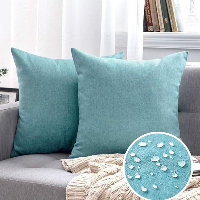 MIULEE Pack of 2 Decorative Outdoor Solid Waterproof Throw Pillow Covers Faux Linen Garden Farmhouse Coastal Cushion Cases for Summer Patio Tent Balcony Couch Sofa 16x16 Inch Turquoise