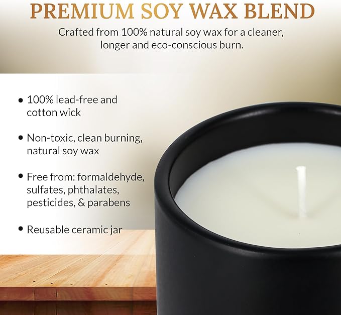 Sandalwood Soy Wax Candle 8.8oz — Matte Black Ceramic Jar, Cotton Wick — Long-Lasting 52-Hour Clean Burn — Aromatherapy Gift Candle for Men and Women, Bedroom and Living Room