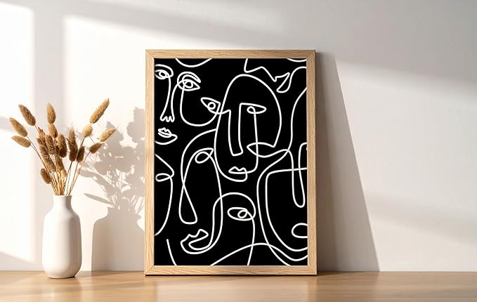 Y2K BOO Abstract Face Pattern UNFRAMED Wall Art Black Background White Continuous Line Drawing 8x10 Inch Heavyweight Paper Studio Home Decor Print